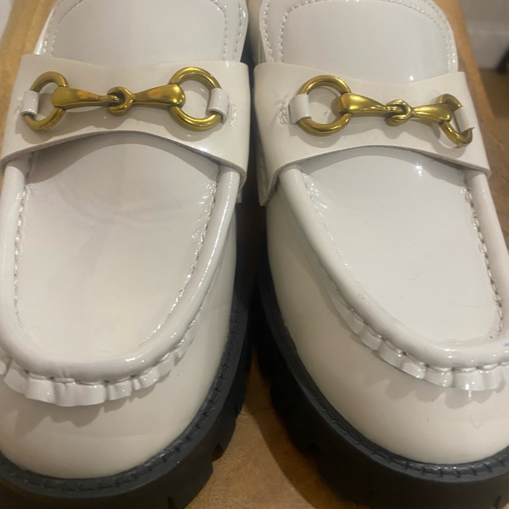 Chic White patent leather style Loafers with Gold horse-bit Detail women sz 7/38